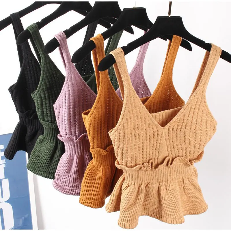 Для женщин трикотажное эластичное Ruffled Crop Топы кофта с v-вырезом без рукавов с открытой спиной Туника женская майка лето сексуальный топ Для женщин