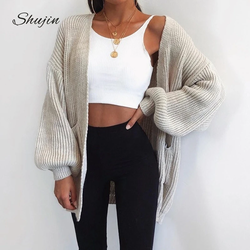 SHUJIN New Women Knitted Cardigan Coat Autumn Winter Ladies Solid Cardigan Long Sleeve Coat Outerwear Female Tops