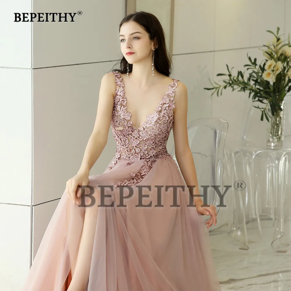 

New Arrival 2021 V neck Pink Long Evening Dress Party Elegant Vestido De Festa Vintage Prom Gowns With Slit Abendkleider