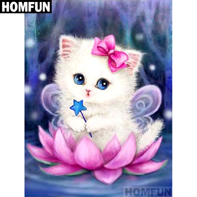 Алмазная живопись HOMFUN полноразмерная/круглая вышивка с рисунком Кот и Лотос 5D