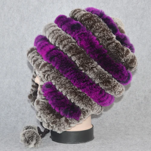 coffee purple Хорошие эластичные вязаные шапки из меха кролика Рекс, зимние женские шапки, настоящий мех кролика, женская шапка, Настоящая Натуральная шапка из меха кролика рекс - Цвет: coffee purple