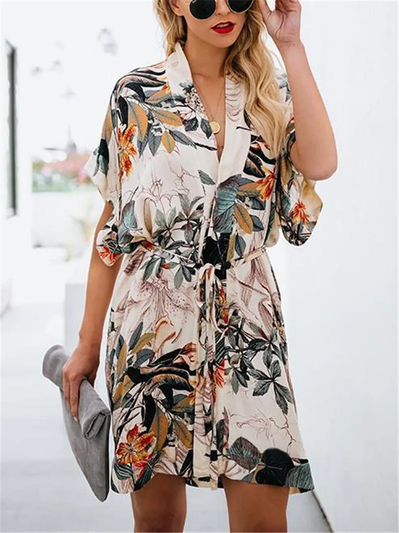 Bath Dresses For The Beach Clothes Cover-Ups Swimsuit Cover Up Womens Coverup Cotton Leaf Prints Loose Belt Skirt Print Acetate