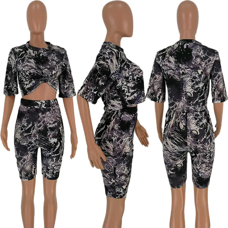 

Summer Two Piece Set Women Short Sleeve Tie Up Crop Tops and Biker Shorts Sweat Suits Casual Tracksuit Club Matching Set Outfits