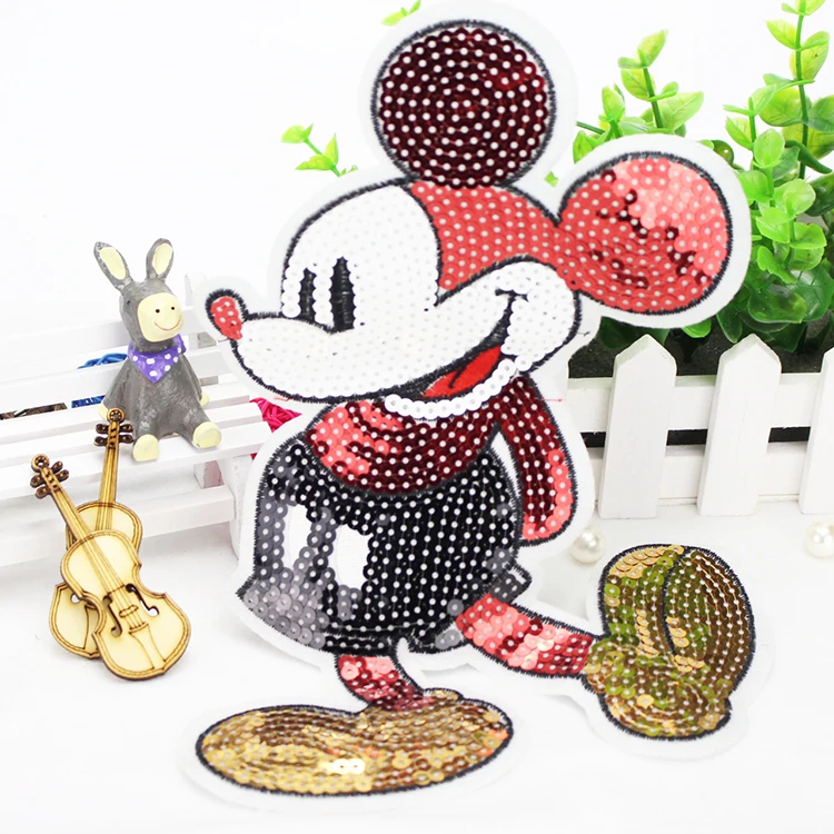 Красный микки блестками аппликация патч блестка мультфильм платье поставки