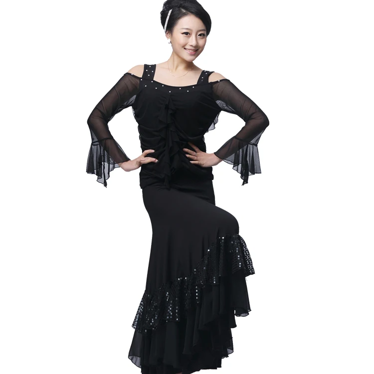 

new ballroom dance costumes big swing Skirt and shirt long sleeves ballroom dance sets square dance diamend modern dance set