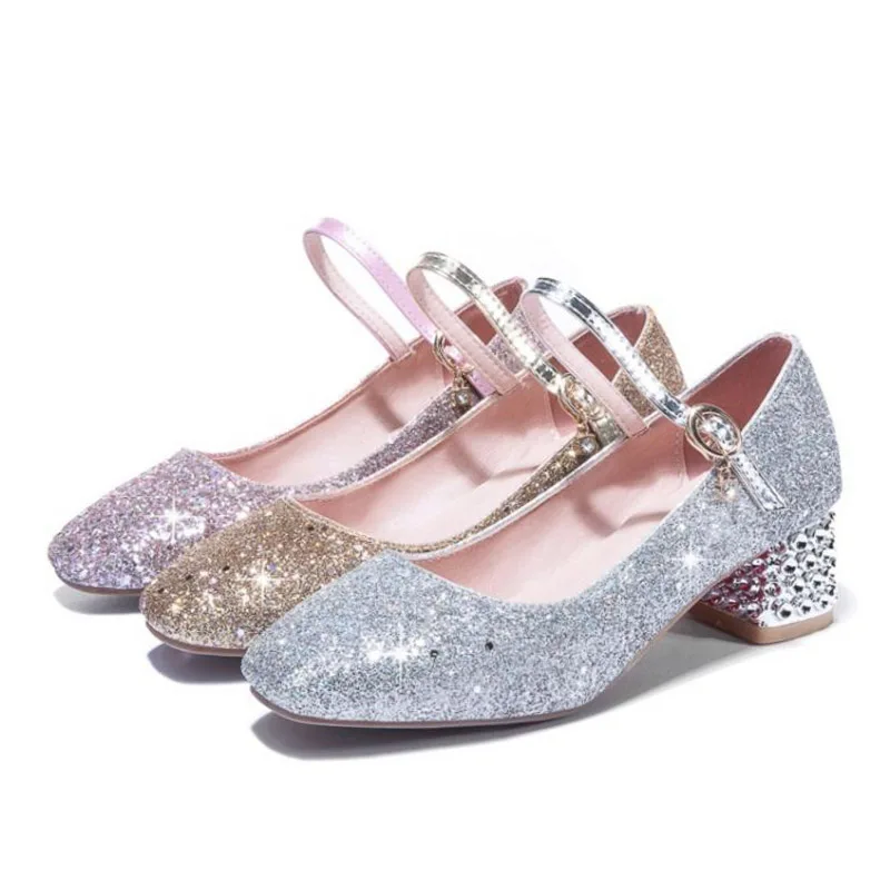 Taoffen Square Heel Small Size 30-43 Round Toe Ladies Pumps Bling Buckle Party Wedding High Shoes Women Vacation Club | Обувь