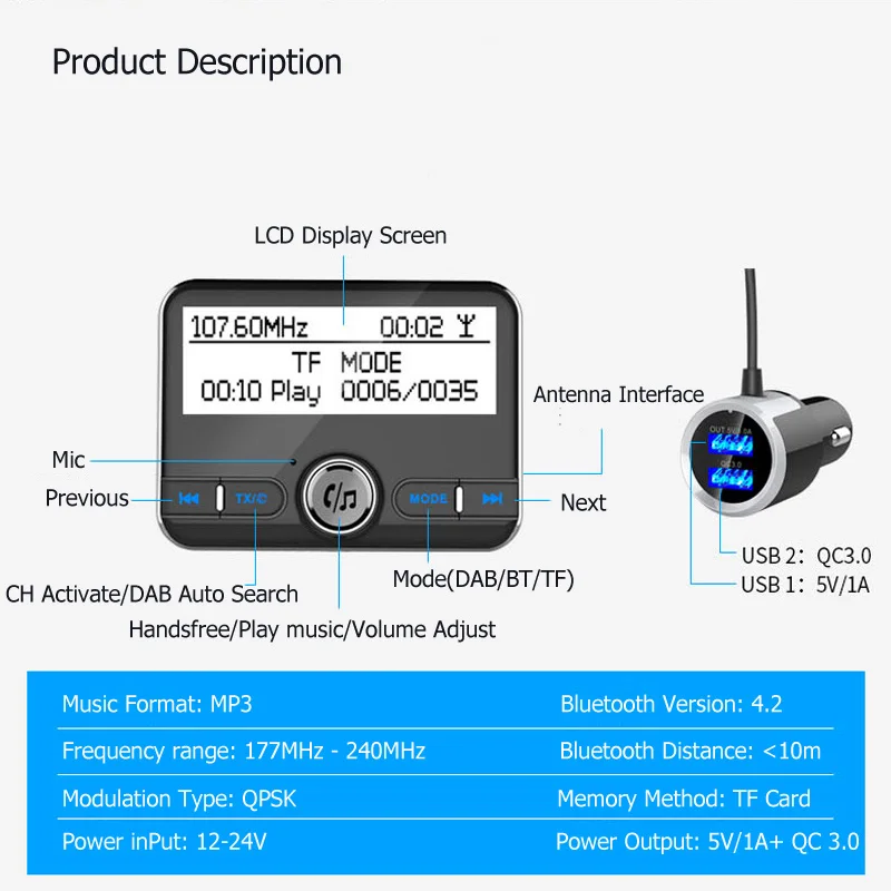 DAB Bluetooth FM передатчик 2 4 &quotЖК экран громкой связи AUX модулятор