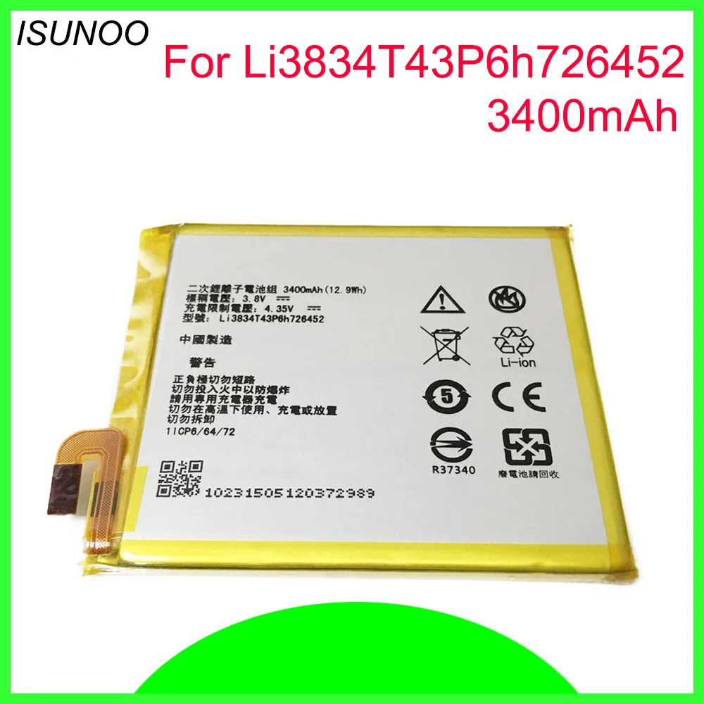 

ISUNOO 10pcs/lot 3.8V 3400mAh Li3834T43P6h726452 Battery For MTS Smart Run 4G For ZTE Blade V2 Lite A450 Battery