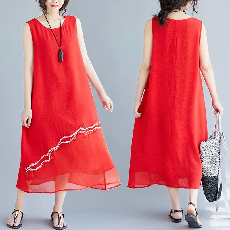 NYFS 2021 Korea New Summer dress Hem embroidery Woman Dress Loose Long Vestidos Robe Large size sleeveless Vest Dresses | Женская одежда