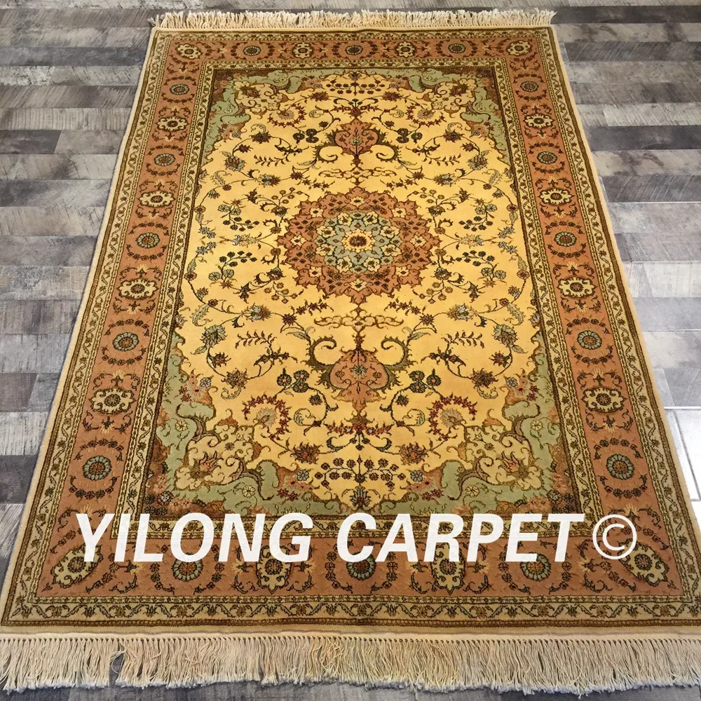 

Yilong 4'x6' handmade antique persian wool silk rug oriental living room decoration yellow wool handmade carpet (WY2094S4x6)