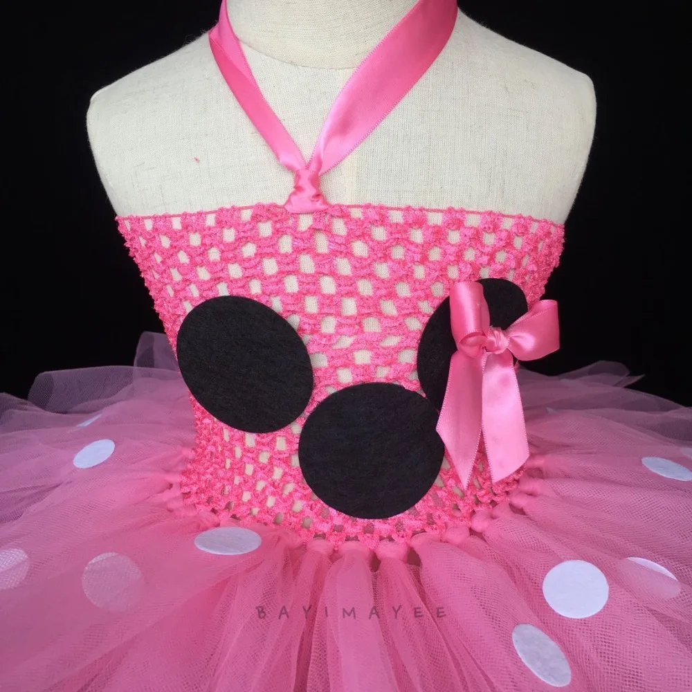 Cute Girls Pink Cartoon Tutu Dress Baby 2Layers Crochet Tulle with White Dots and Flower Headband Kids Party Cosplay | Детская одежда и