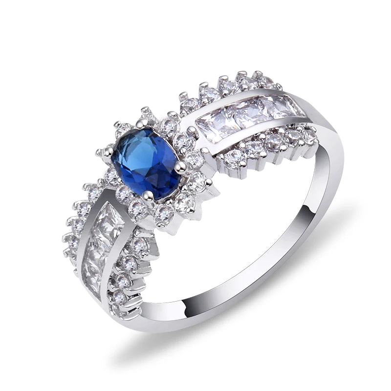 Female Blue Oval Ring Fashion White Gold Filled Jewelry Vintage Wedding Rings For Women Birthday Stone Gifts Valentine's Day | Украшения