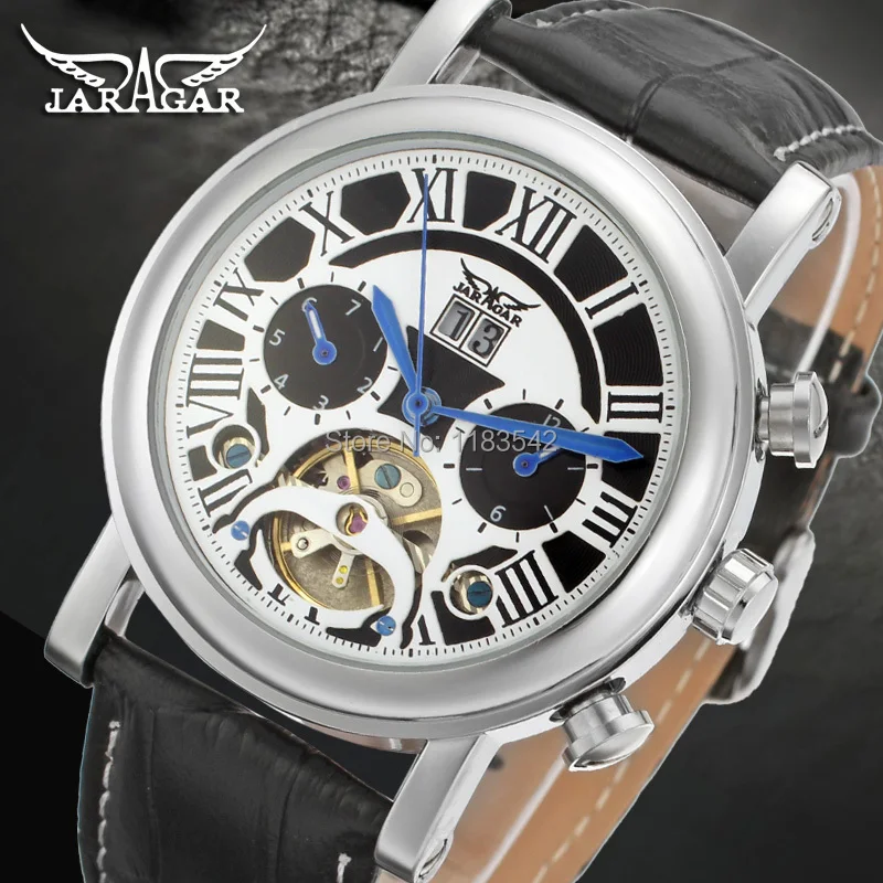 

Jargar Automatic silver color men wristwatch tourbillon black leather strap hot selling JAG9402M3S1