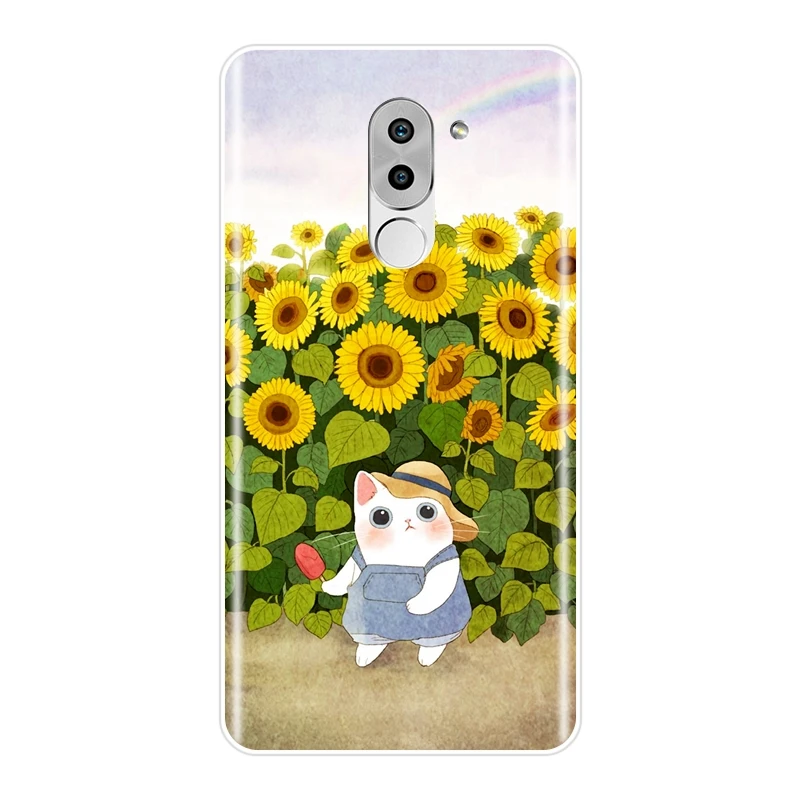Чехол Kawaii для телефона с котом цветком подсолнухом Huawei Honor 6A 4C 5C 6C Pro силиконовая