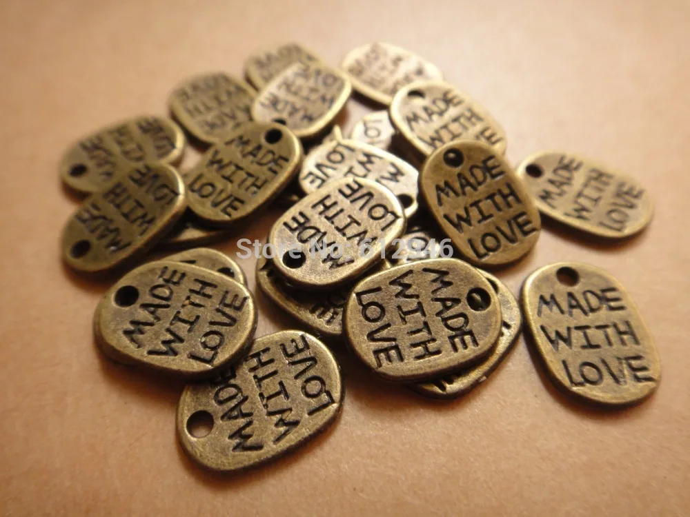 100 pcs Antique Bronze Metal Alloy &quotMade With Love&quot Word Bracelet Charm and Pendant Jewelry Findings 11x8mm A133 | Украшения и