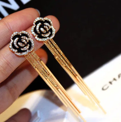 Висячие серьги с длинной кисточкой в виде цветка камелии|tassel dangle earring|dangle drop