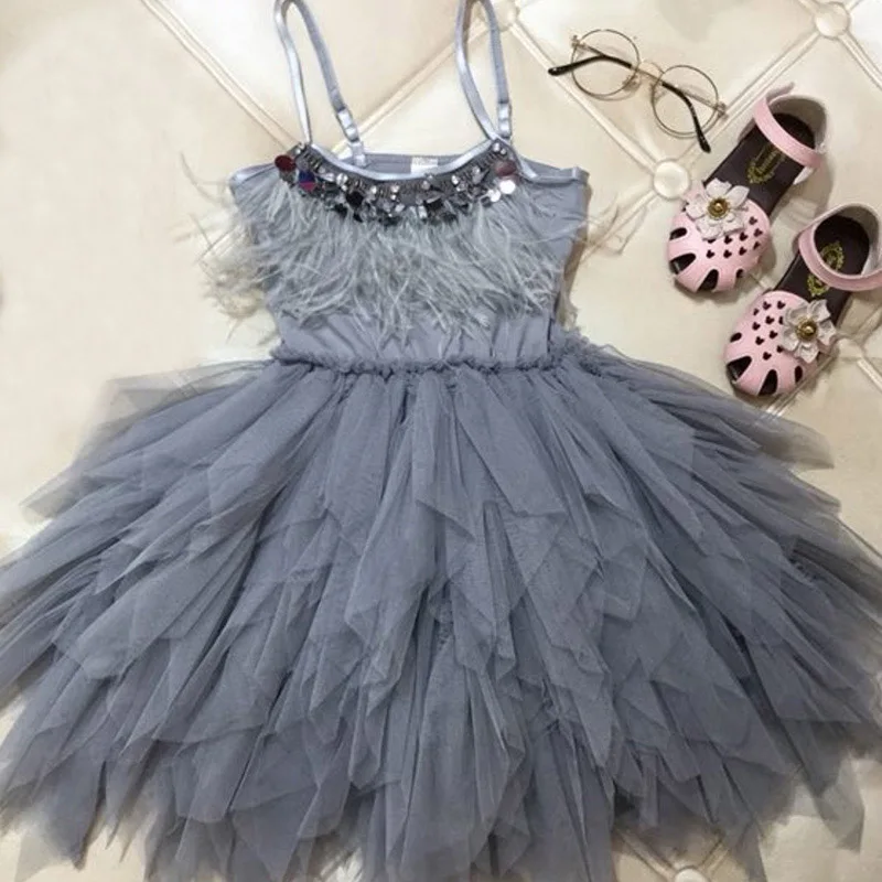 Gray Модное платье с кисточками и перьями для девочек 2-10 лет; нарядные платья для девочек на свадьбу; детское платье принцессы; костюм на день рождения; детская одежда - Цвет: Gray