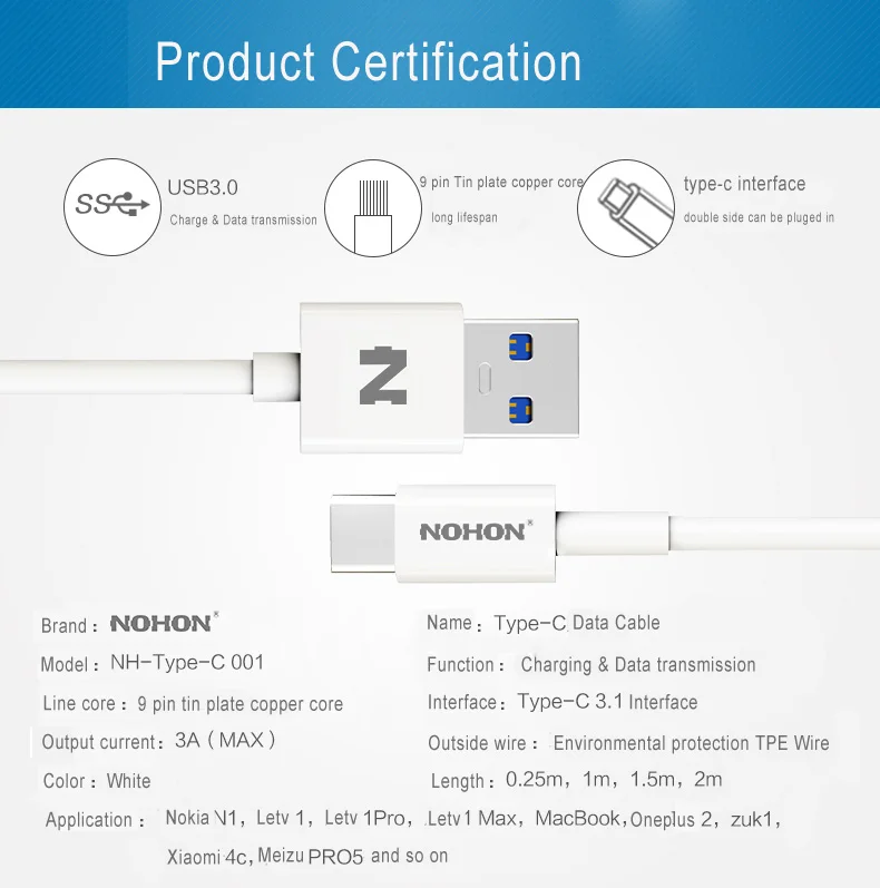 NOHON USB 3,0 type-C кабель type C USB кабель 3A для samsung Xiaomi Nokia LG MacBook huawei Android Быстрая зарядка данных