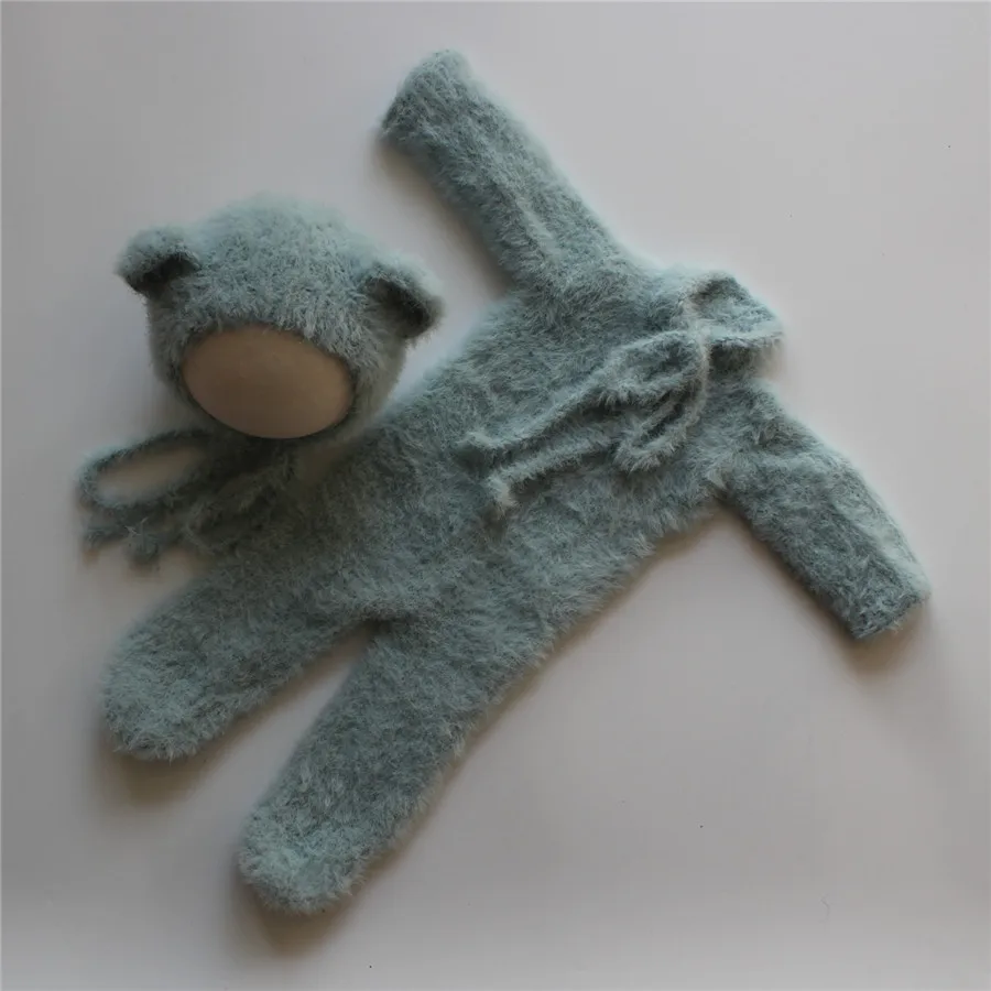 light blue Одежда для новорожденных с пушистым медведем, детский комбинезончик с носочками для новорожденных, реквизит для фотосессии, комбинезон с капюшоном для новорожденных - Цвет: light blue