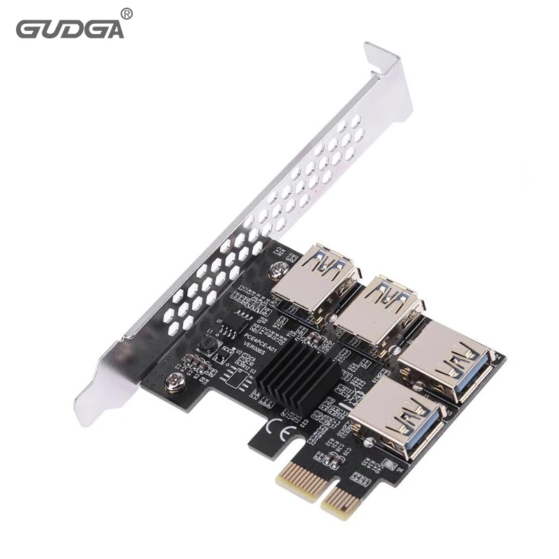 USB PCIe 1 к 4 16X Riser Card PCI-E 1X 3 0 Adapter Port МУЛЬТИПЛИКАТОРНАЯ карта для майнинга биткоинов BTC
