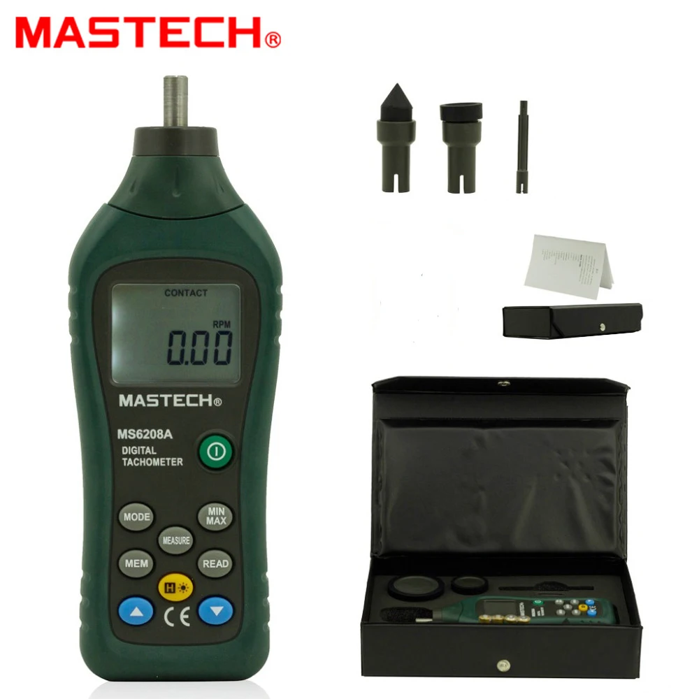 

Mastech MS6208A Contact Digital LCD Backlight Tachometer RPM Meter Rotation Speed 50-19999RPM