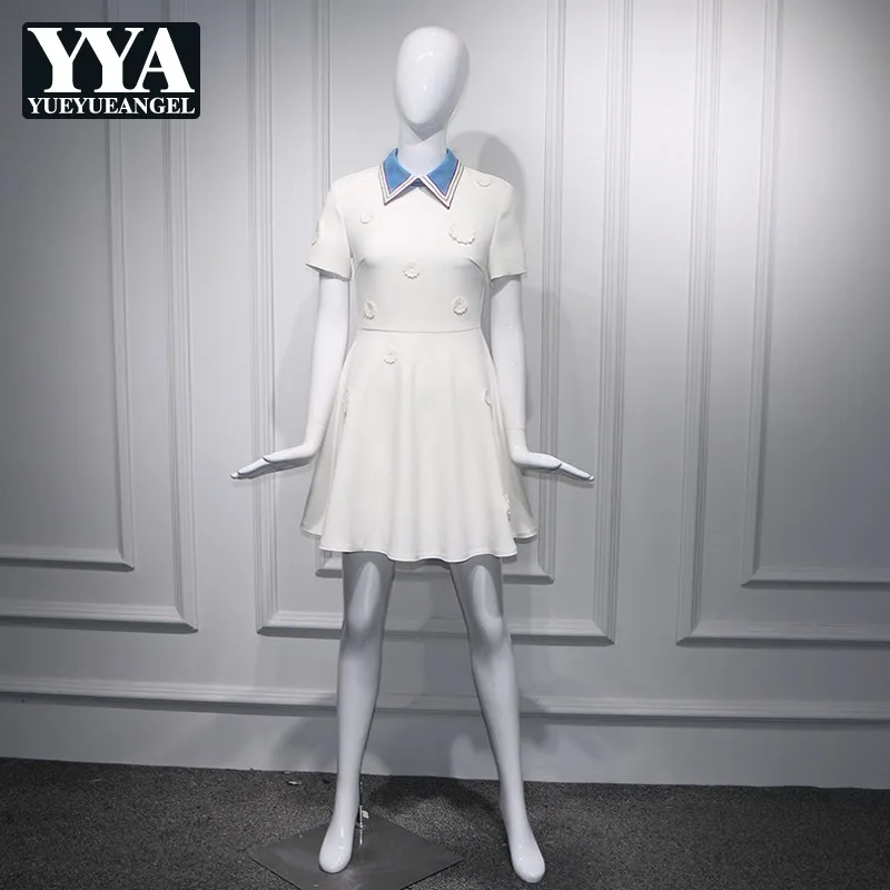 

England Style New Brand Dimensional Flower Patchwork Peter Pan Collar Women Dresses Slim Fit A-Line Short Sleeve Female Dresses