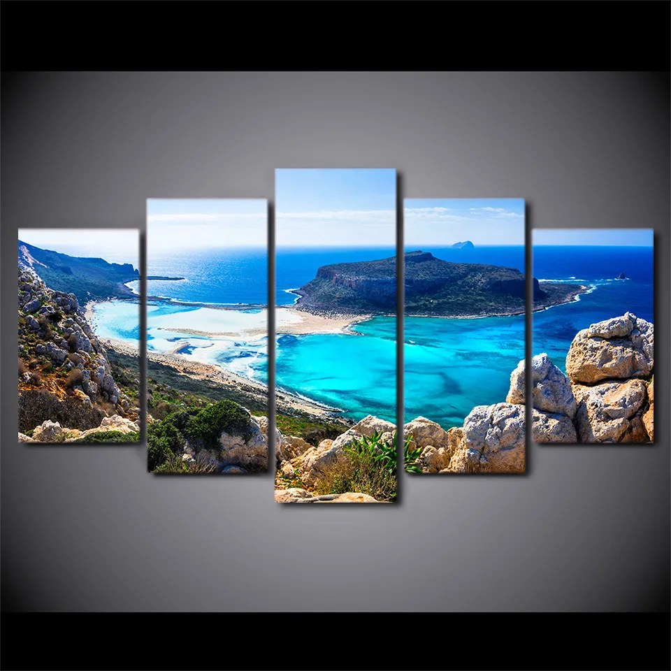 

Modern HD Printed For Living Room Pictures 5 Panel Blue Sea Beach Island Wall Art Home Decor Framework Canvas Painting Poster
