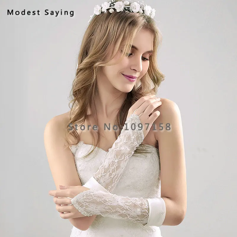2 Pairs Fingerless Beaded Lace Wedding Gloves 2018 Opera Length Tulle Bridal Accessories detalles boda In Stock | Свадьбы и