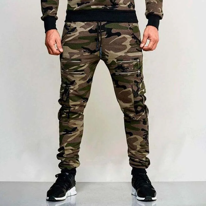 Camouflage Green Мужские камуфляжные брюки-карго с карманами на молнии в стиле милитари, спортивные брюки для фитнеса, мужские спортивные штаны для бега, спортивные штаны для мужчин в стиле хип-хоп, уличная одежда, спортивный костюм - Цвет: Camouflage Green