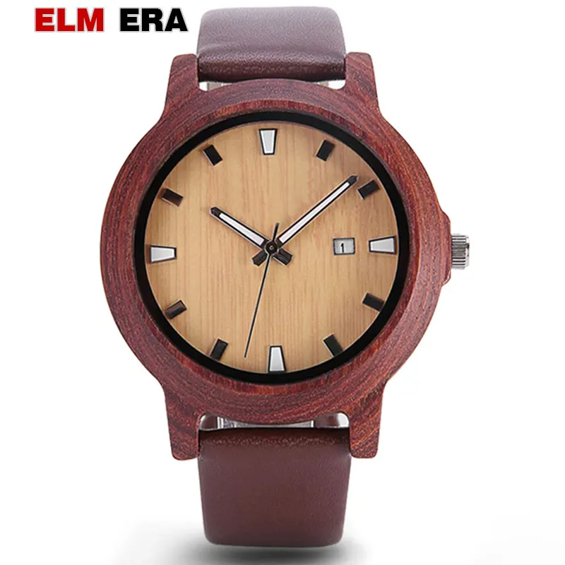 

Часы наручные ELMERA мужские с деревянным ремешком, спортивные красные