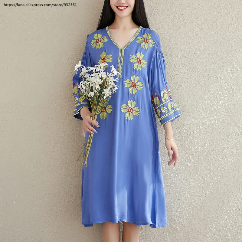 Винтажная Цветочная вышивка блузка длинное платье boho женские платья осень лето