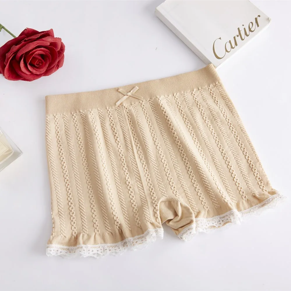 apricot PEONFLY Women Soft Shorts Sexy Seamless Abdomen Women Safety Short Lace Pants Female Anti Lighting Solid Color Soft Comfortable - Цвет: apricot