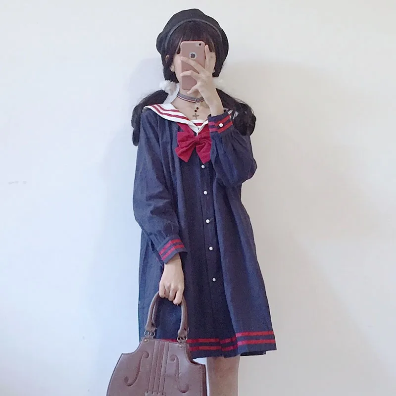 Harajuku матросский воротник темно-синее платье японская мода сладкий лук мягкая сестра Девушка Прекрасный Хлопок Kawaii преппи длинный рукав платья