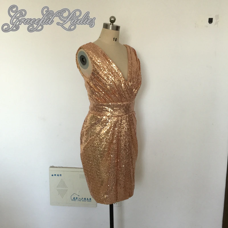 Розовое Золото Блестки Короткие Пром Платья На Заказ V Шеи До Колен Полу