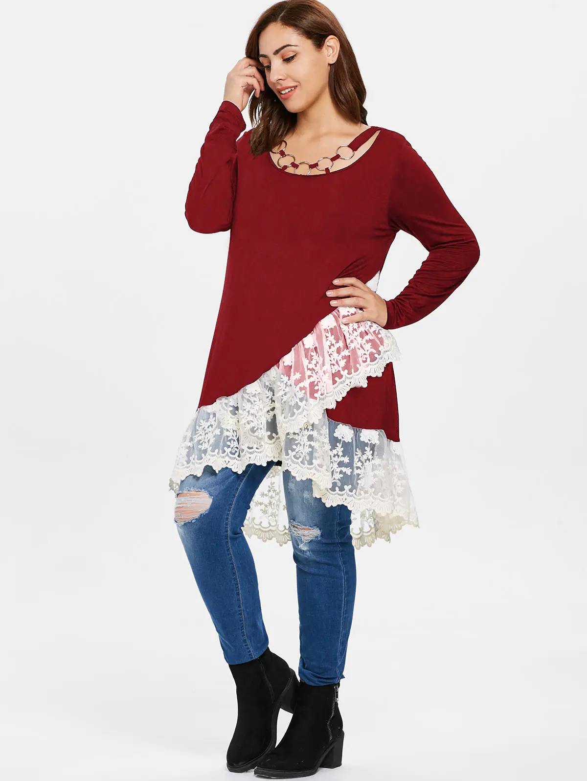 ROSEGAL Plus Size Lace Trim Layered Tunic T-Shirt Autumn O Neck Long Sleeve Ladies Tops Casual T Shirt 2019 Women Clothing | Женская