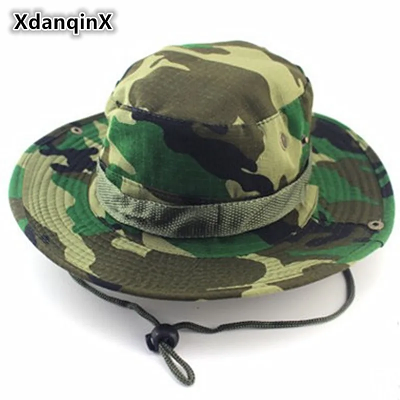 XdanqinX Summer Men's Jungle Camouflage Bucket Hats Fashion Casual Flat Top Rope Fixing Breathable Panama Brands Hat For Men