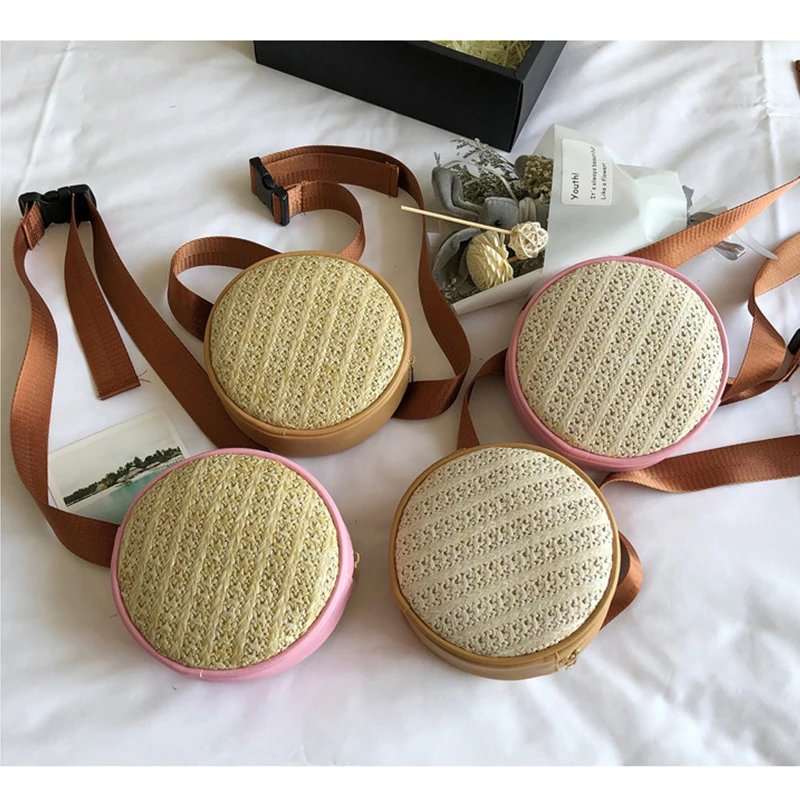 Straw Weave Round Waist Bag Women Chest Pack Ladies Solid Belt Bags Casual Circle Crossbody Flap Bum Phone Travel Fanny | Багаж и сумки
