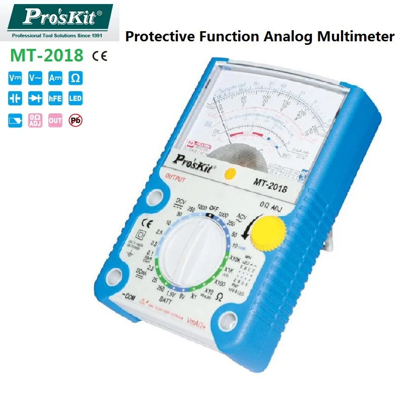 

Pro'sKit MT-2018 Analog Multimeter Protective Function DC/AC Voltage Current Resistance Capacitance Meter Decibels Diode Battery