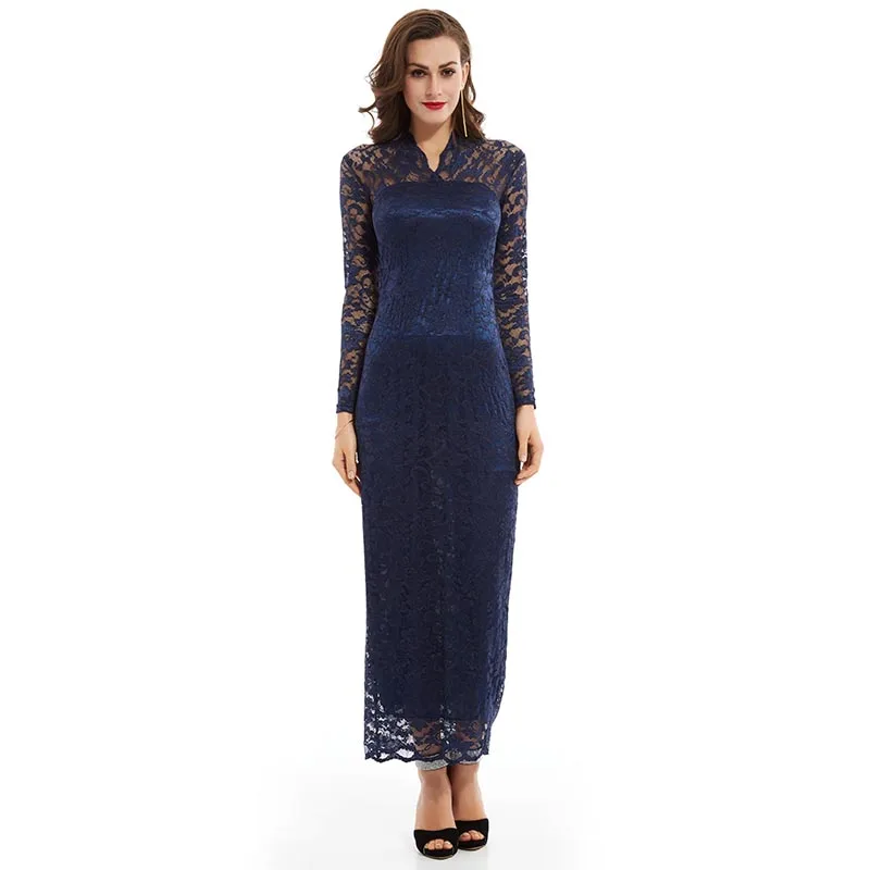 dark royal blue Tanpell Длинные рукава Вечерние платья v образным вырезом черный с кружевами длиной до лодыжки платье дешевые женские прямые вечерние Длинные Формальные Вечерние платья - Цвет: dark royal blue