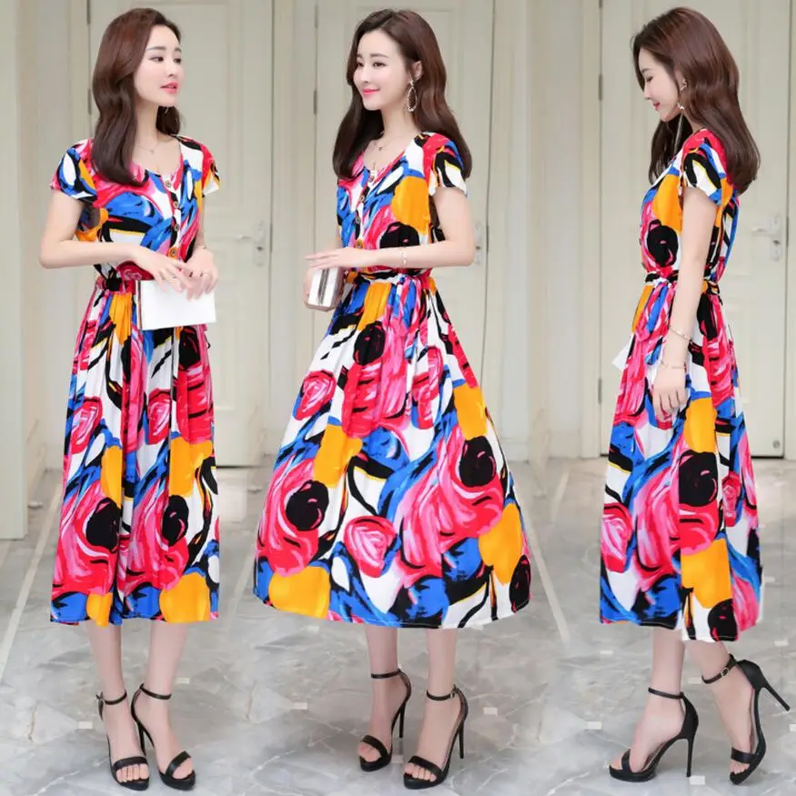 

summer Cotton Women's Dress New 2019 High Waist Chinese National Style Printing Dress Loose Casual High Quality long dress
