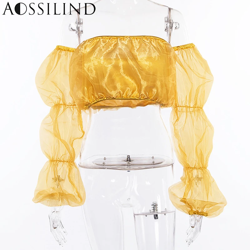 AOSSILIND желтый сексуальный сетчатый прозрачный короткий топ с длинными рукавами 2019