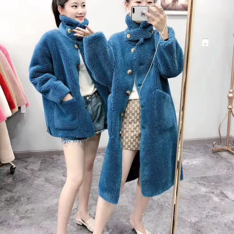 dark blue short Роскошная Новинка, Осень-зима, настоящая овечья шерсть, меховые пальто для девушек, стрижка овец, Длинные теплые куртки, модные свободные, размер, женская верхняя одежда - Цвет: dark blue short