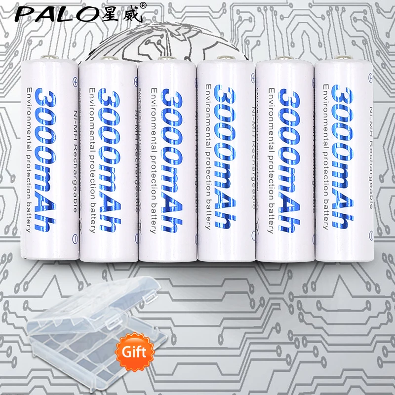 6 шт.* PALO AA батарея Ni-MH 1,2 V 3000MAH AA перезаряжаемые батареи 2A Bateria Baterias с 1 батарейный чехол