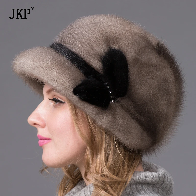 100% натуральный мех норки шапка с полями Осень Зима Женская рюшами Jurchens теплая