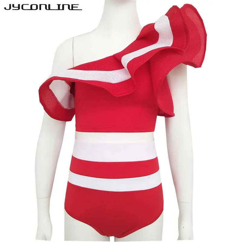 Комбинезон JYConline Женский на одно плечо боди в красную и черную полоску короткий