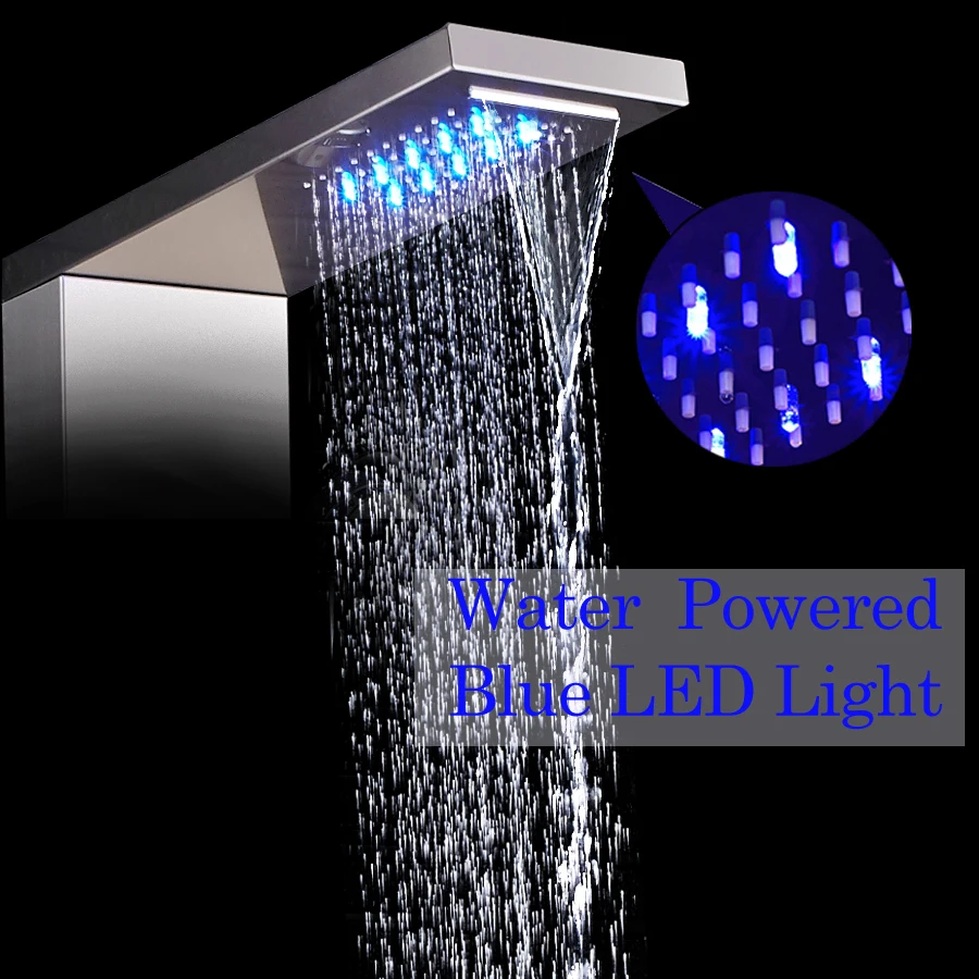 Brushed Nickel Thermostatic Shower Panel Column LED rain waterfall Shower Faucet 4 Massage jets with Tub Spout and Hand Shower