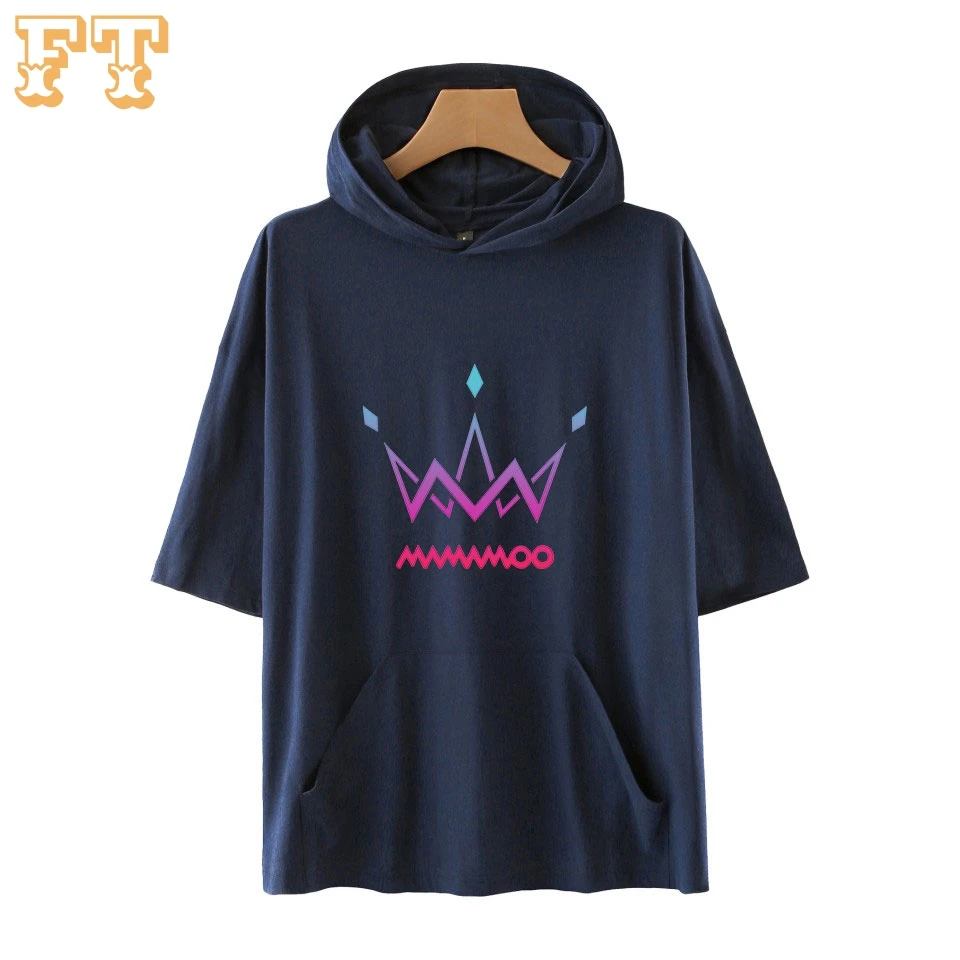 Футболка MAMAMOO женская с капюшоном фиолетовый свитшот коротким рукавом и принтом