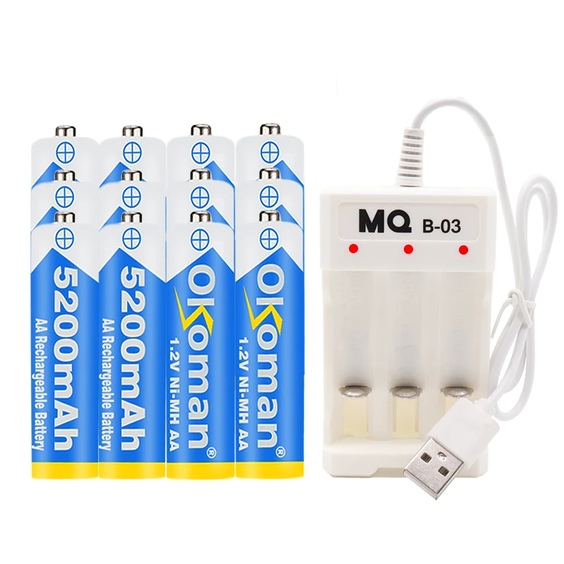Okoman 1.2V 5200mAh NI MH AA Pre-Charged Ni-MH Rechargeable aa Battery For Toys Camera Microphone Batteries + Charger | Электроника