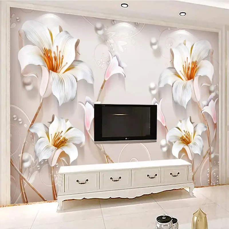 

Custom Mural Photo Wallpapers 3D Embossed Simple Lily Stereo Flower Wall Cloth Living Room Luxury Background Mural Wall Covering