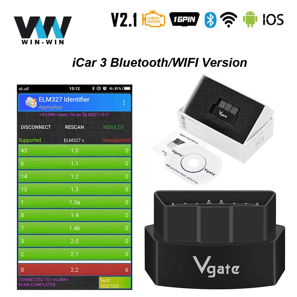 Vgate iCar3 elm 327 V2.1 для Android/IOS iCar 3 ELM327 OBD2 Bluetooth WIFI сканер OBD 2 автомобильный - Фото №1